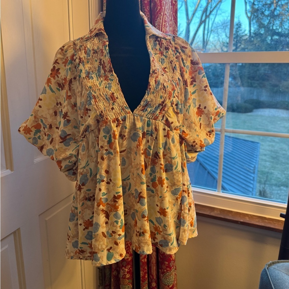 Entro Floral Puff Sleeve Blouse Size S | Lined Boutique Top - Picture 6 of 9
